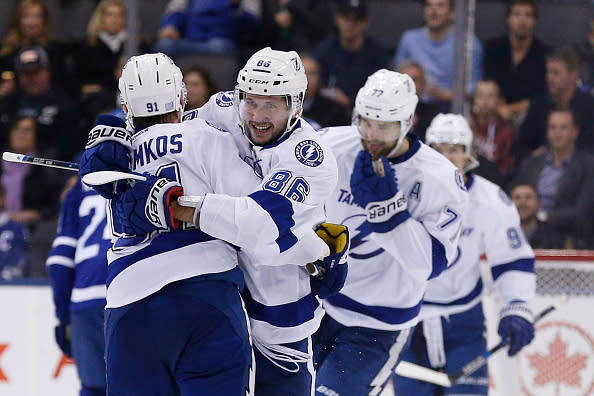 TORONTO, ON - OCTOBER 25 - Tampa's Nikita Kucherov (86) hugs Steven Stamkos after scoring during the 3rd period of NHL action as the Toronto Maple Leafs host the Tampa Bay Lightning at the Air Canada Centre on October 25, 2016. Tampa Bay defeated Toronto 7-3. (Carlos Osorio/Toronto Star via Getty Images)