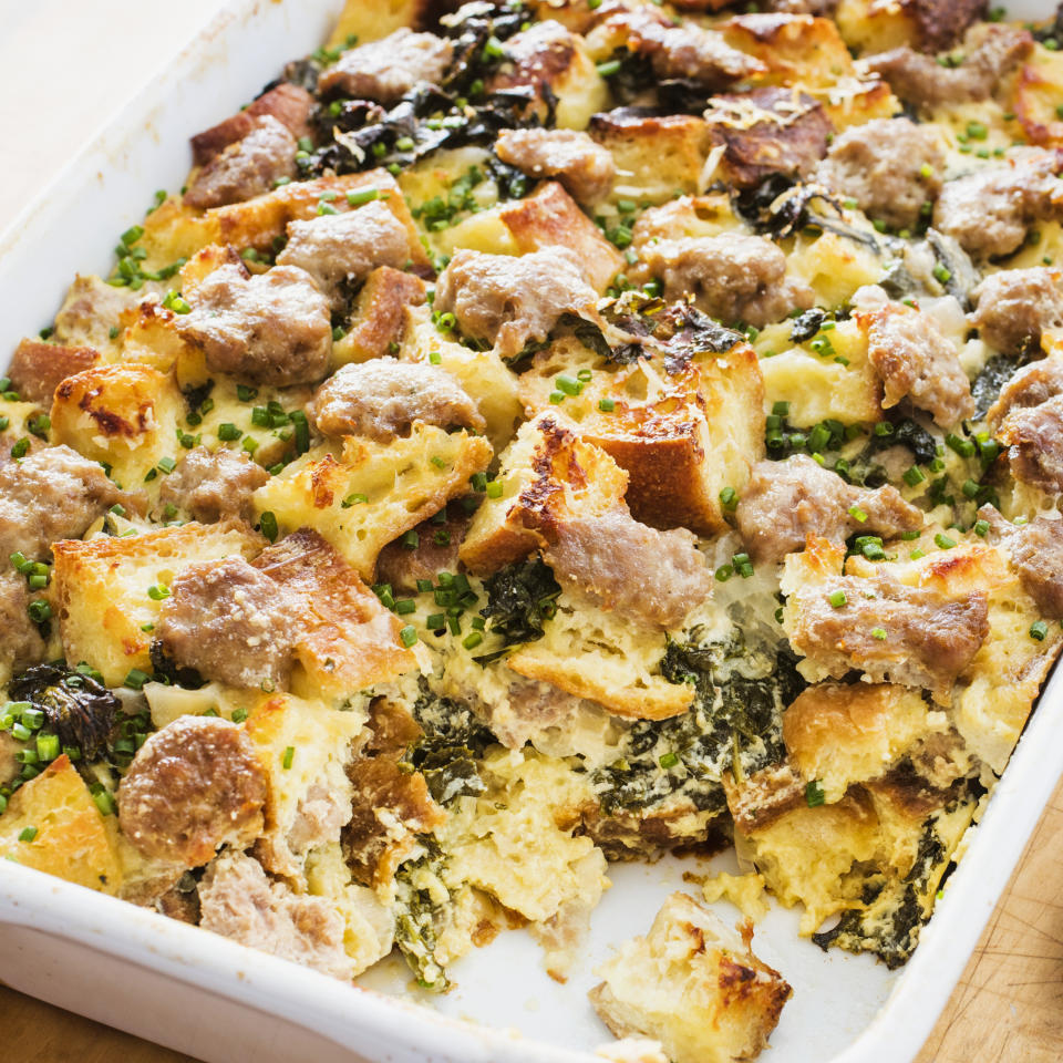 This undated photo provided by America's Test Kitchen in March 2019 shows Savory Bread Pudding in Brookline, Mass. This recipe appears in the cookbook "All-Time Best Brunch." (Daniel J. van Ackere/America's Test Kitchen via AP)