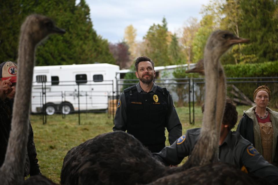 Joel McHale visits an ostrich farm in "Animal Control."