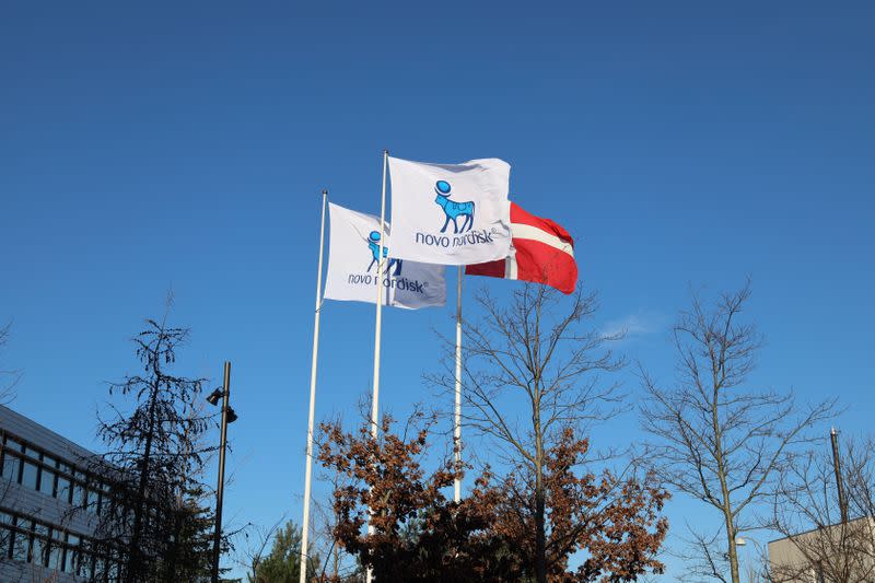 Flags are seen outside Novo Nordisk headquarters in Copenhagen