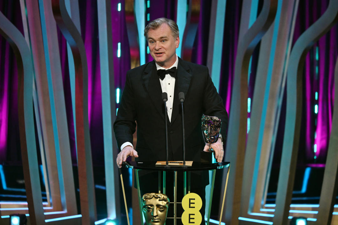 LONDON, ENGLAND - FEBRUARY 18: Christopher Nolan accepts the Director Award for 'Oppenheimer' on stage during the EE BAFTA Film Awards 2024 at The Royal Festival Hall on February 18, 2024 in London, England. (Photo by Kate Green/BAFTA/Getty Images for BAFTA)