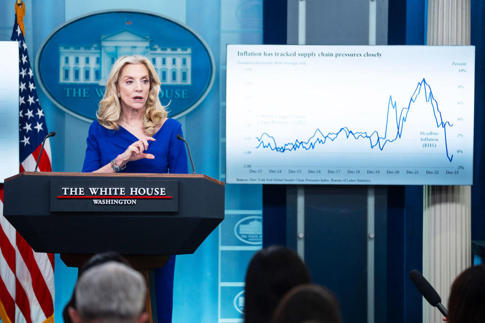 National Economic Adviser Lael Brainard speaks during a press briefing (Evan Vucci / AP)