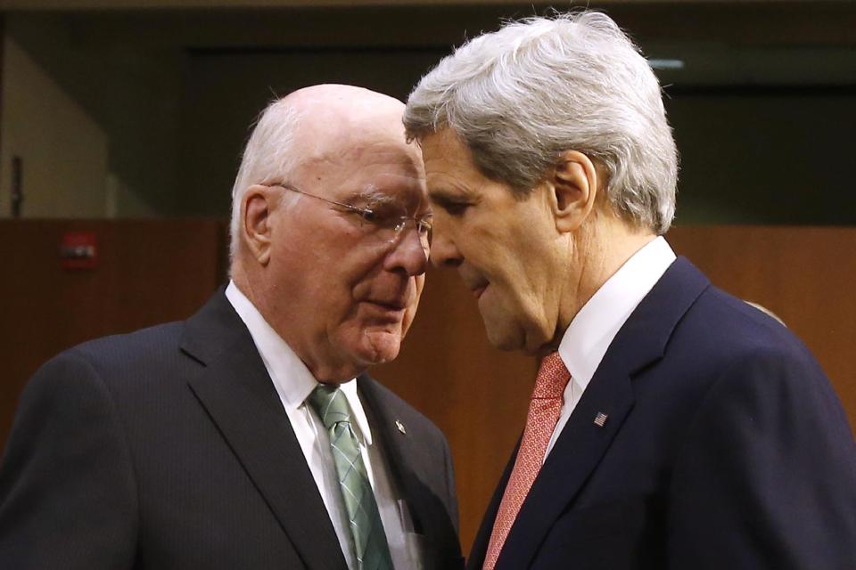 Secretary of State John Kerry talks with Sen. Patrick Leahy, D-Vt., on Capitol Hill in Washington, Thursday, March 13, 2014, prior to Kerry's testimony before the Senate Appropriations subcommittee on Foreign Operations and Related Programs hearing on the State Departments fiscal 2015 budget. In his opening remarks Kerry spoke about Ukraine and other current foreign relation issues. (AP Photo/Charles Dharapak)