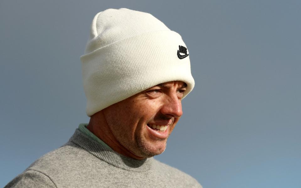 Rory McIlroy smiles on the 16th hole during a practice round ahead of the Alfred Dunhill Links Championship at the Old Course in St Andrews on Wednesday