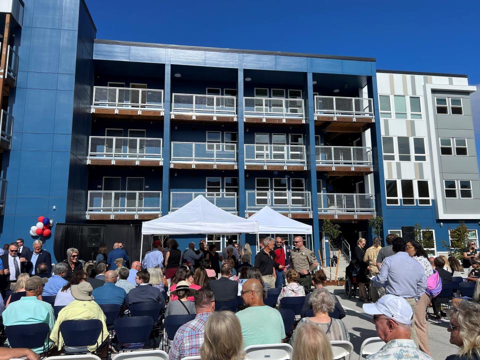 A crowd gathers for the grand opening of Courtney Place, a 34-unit affordable housing complex for veterans in downtown Salem in August 2023. Across Oregon, there is already an estimated shortage of 140,000 housing units, and the number has grown significantly in recent years.
