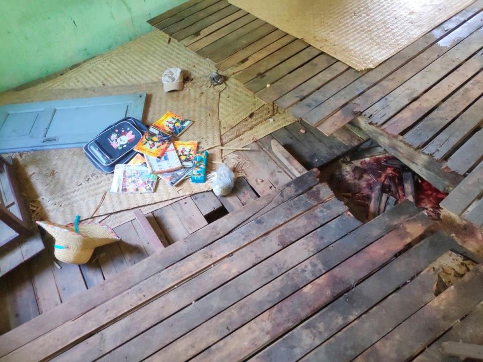 A child's backpack and school books are seen at a local school that was damaged by an air attack carried out by the Myanmar military against the People Defense Force, in Sagaing (via REUTERS)