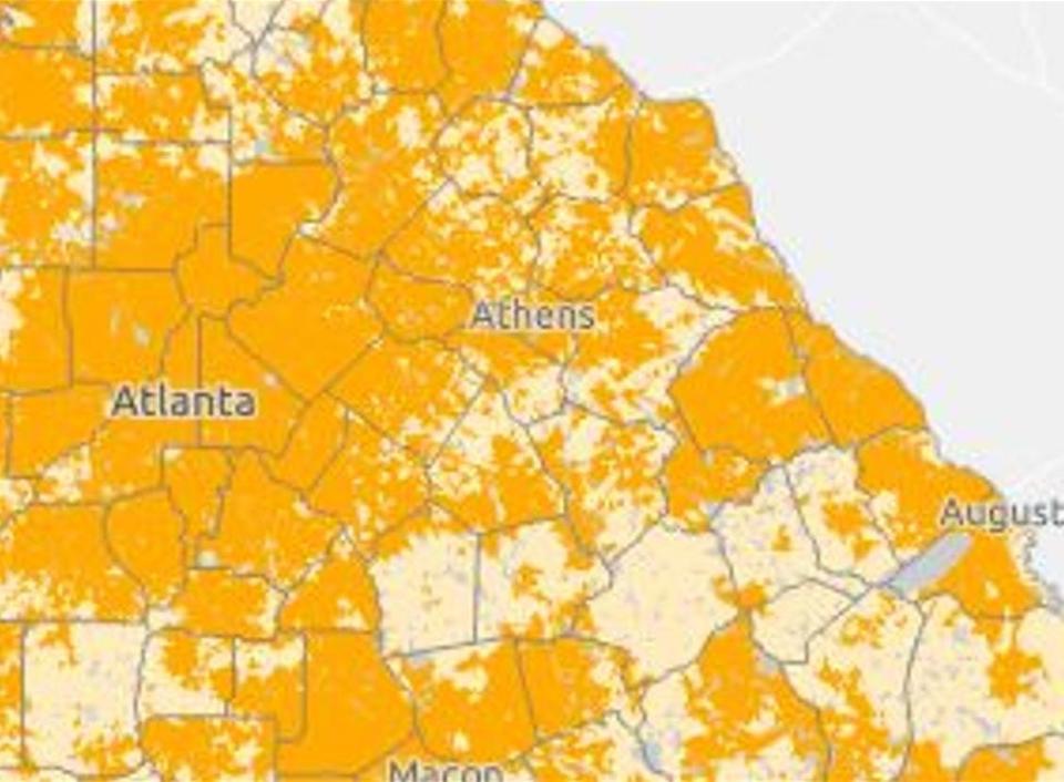 The light colored areas are currently in need of broadband services. Large portions of Oglethorpe County are in need.