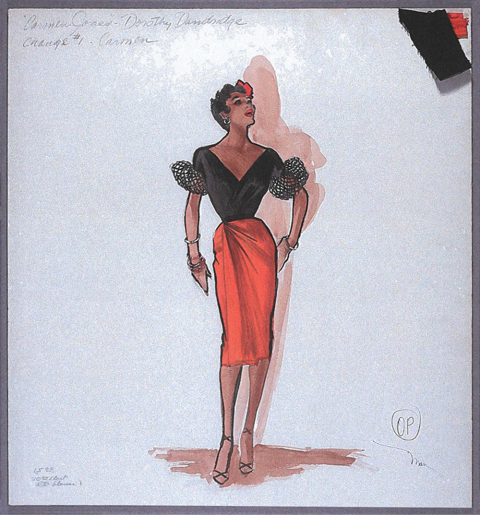 A costume sketch for 1954’s all-Black musical Carmen Jones, starring Dorothy Dandridge.