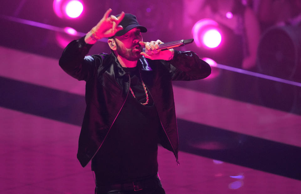 FILE - Eminem perform at the MTV Video Music Awards at Prudential Center on Aug. 28, 2022, in Newark, N.J. Eminem posted a “salute” emoji on the X platform, formerly known as Twitter, on Thursday, Aug. 24, 2023, while quote-tweeting New York Jets wide receiver Jerome Kapp's performance of the rapper's freestyle from the 2002 film “8 Mile.” (Photo by Charles Sykes/Invision/AP, File)