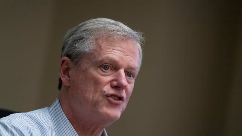 Charlie Baker, NCAA president, speaks to reporters during a media roundtable, Friday, Feb. 23, 2024, in Washington.