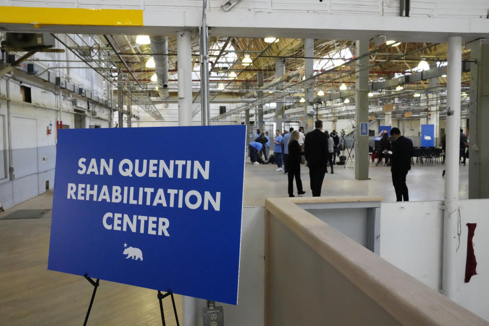 An 81,000 square foot warehouse is seen where California Gov. Gavin Newsom spoke at San Quentin State Prison in San Quentin, Calif., on March 17, 2023. Gov. Newsom has expensive and ambitious plans to transform San Quentin State Prison, once home to the state's execution chamber and nation's largest death row, into a prison focused more on rehabilitation. The Democratic governor wants the $380 million project completed in three years -- right before he leaves office -- and lawmakers have given him the greenlight to do so with little public input and oversight, a concern for Newsom's critics and prison reform advocates alike. (AP Photo/Eric Risberg)