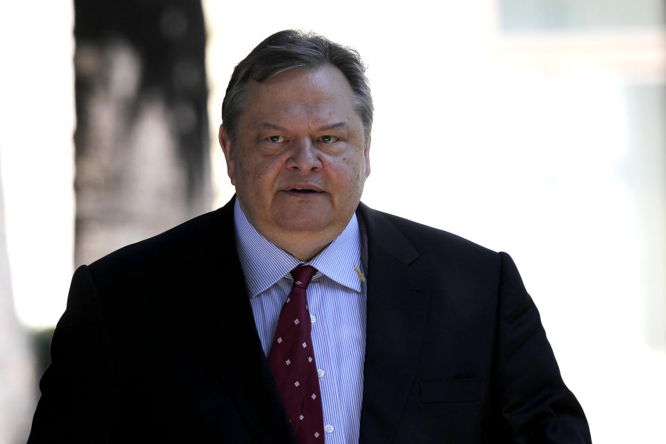 Leader of the Socialist party PASOK, Evangelos Venizelos leaves Presidential Palace in Athens, after a meeting with Political party leaders, on Tuesday, May 15, 2012. Greece's president met the leaders of five political parties, broadening talks to try and form a coalition government and end a nine-day deadlock in the crisis-hit country. (AP Photo/Petros Giannakouris)