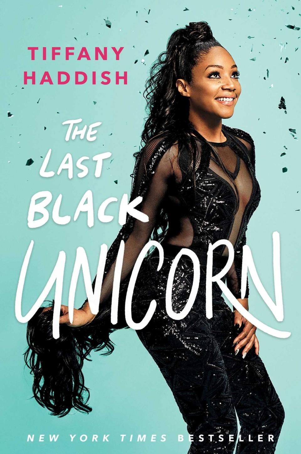 Blue background featuring Tiffany Haddish wearing black, confetti falling over her head. Title reads: "The Last Black Unicorn.'