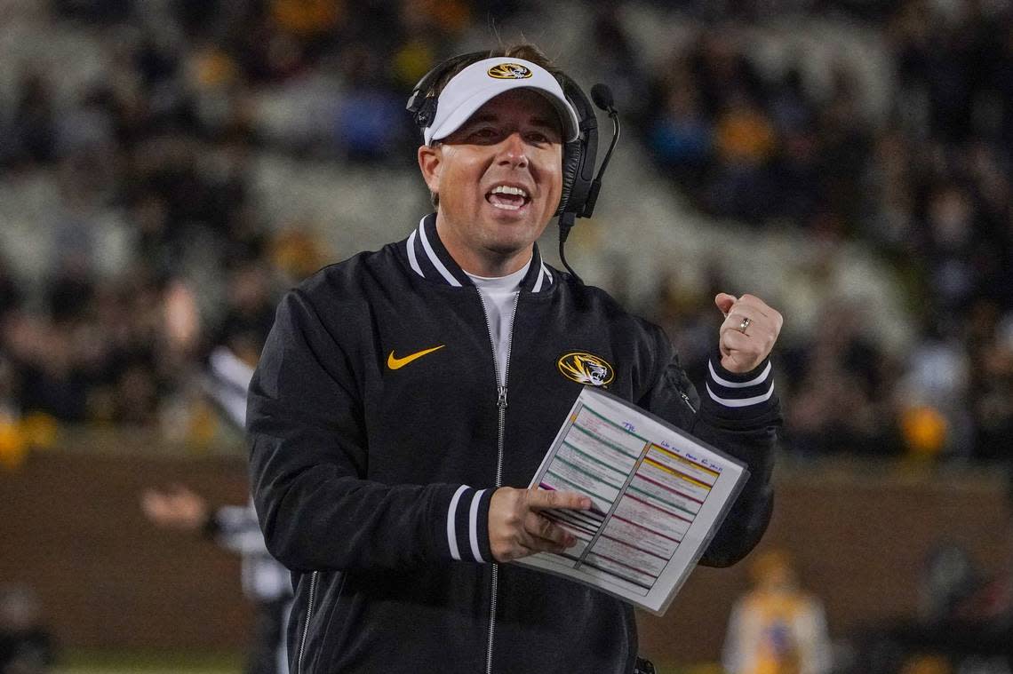 Missouri Tigers coach Eli Drinkwitz takes in the play (and the call that followed) during Saturday night’s game against the Florida Gators at Faurot Field at Memorial Stadium in Columbia. Mo. Denny Medley/=USA TODAY Sports