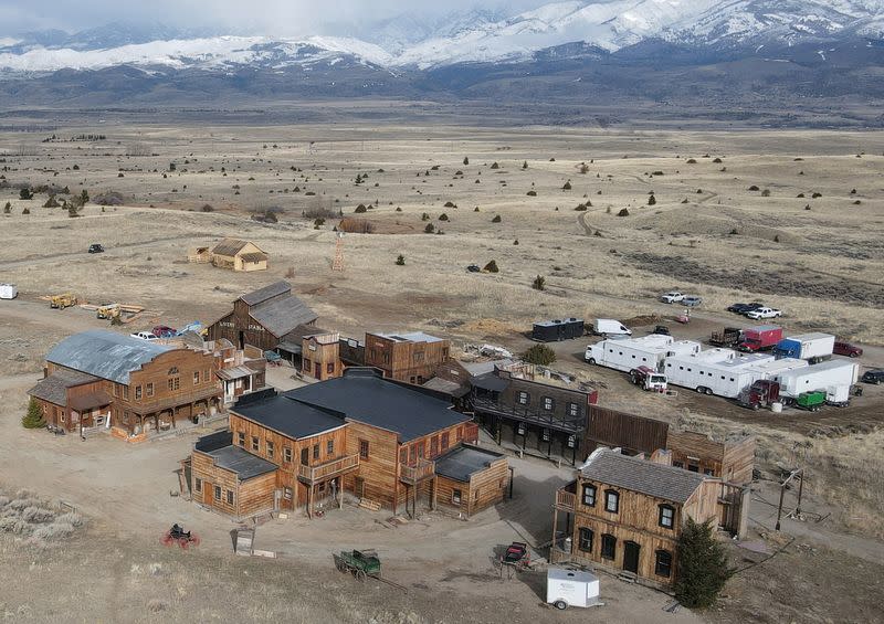 FILE PHOTO: Buildings used on the set of the movie "Rust" are seen after filming resumed following the 2021 shooting death in New Mexico of cinematographer Halyna Hutchins, in Livingston, Montana, U.S. April 22, 2023. REUTERS/Drone Base/