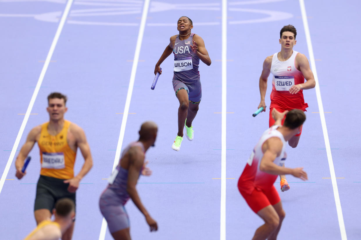 PARIS, FRANCE - AUGUST 09: Quincy Wilson of Team United States competes in the Men's 4 x 400m Relay Round 1 on day fourteen of the Olympic Games Paris 2024 at Stade de France on August 09, 2024 in Paris, France. (Photo by Patrick Smith/Getty Images)