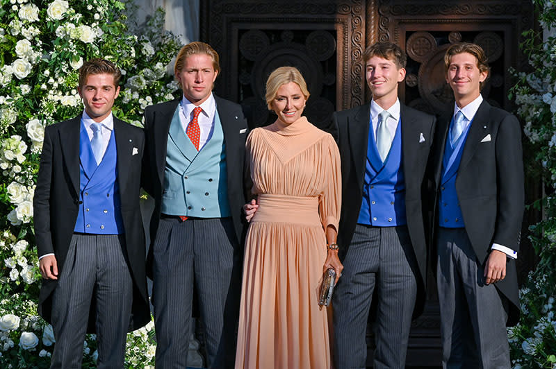 ATHENS, GREECE - SEPTEMBER 28: Marie-Chantal Miller with her children, Constantine Alexius, Achileas, Odysseas and Aristides, arrive at  the wedding ceremony of Princess Theodora and Matthew Kumar at the Metropolis Greek Orthodox Cathedral on September 28, 2024 in Athens, Greece. (Photo by Milos Bicanski/Getty Images)