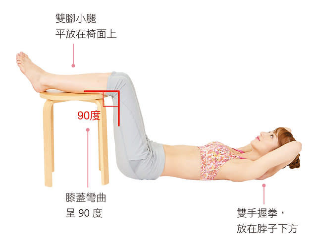 集中緊實小腹：身體仰躺，雙腳抬起，小腿平放在椅面上