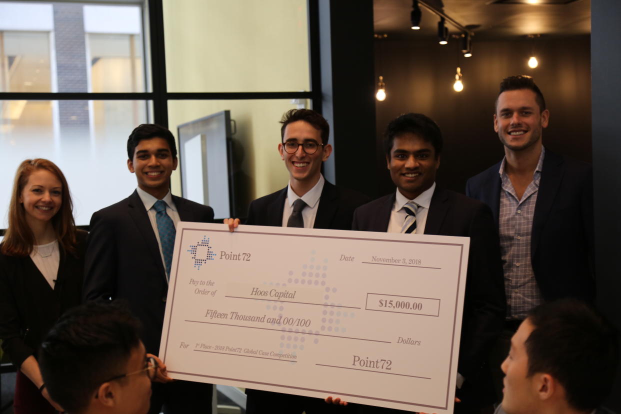 University of Virginia first-year students Adavya Dhawan, Adin Segal, and Deepak Jayachandran won Point72 Asset Management’s global case competition with their short thesis on Shake Shack. Their team, Hoos Capital, received $15,000 in prize money and entry into the 2019 Point72 Academy Summit.