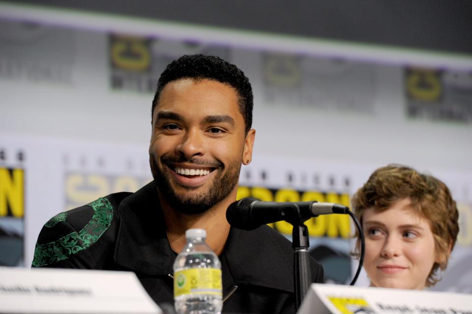 Regé-Jean Page and Sophia Lillis speak onstage at the "Dungeons & Dragons: Honor Among Thieves" panel during 2022 Comic-Con International: San Diego at San Diego Convention Center on July 21, 2022 in San Diego, California.