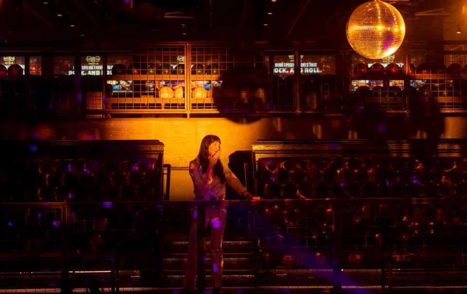 Madi Diaz blows a kiss to a fan at Brooklyn Bowl this month. "There's just so much good, creative energy, supportive energy" in Nashville, Diaz says.