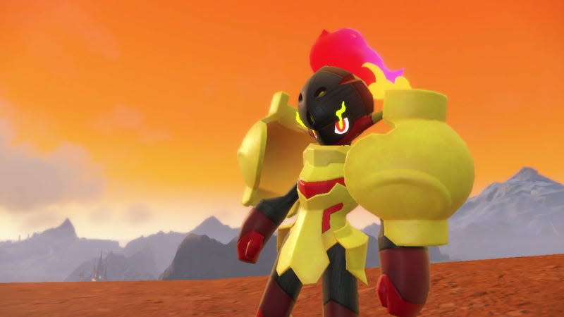 An Armarouge is seen standing in front of mountains in Pokémon Scarlet and Violet's Paldea region.