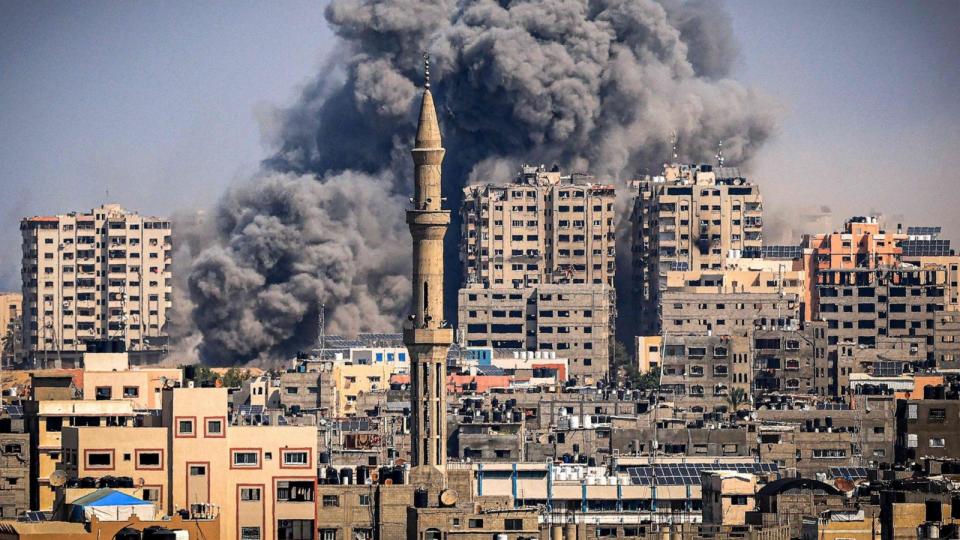 Smoke plumes billow during Israeli air strikes in Gaza City on Oct. 12, 2023, as raging battles between Israel and the Hamas movement continue for the sixth consecutive day. (Mahmud Hams/AFP via Getty Images)