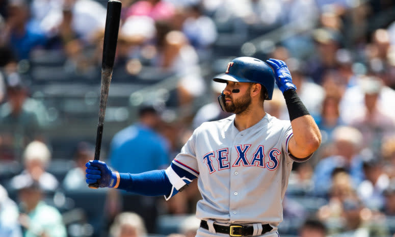 Texas Rangers slugger Joey Gallo at the plate against his new team, the New York Yankees.