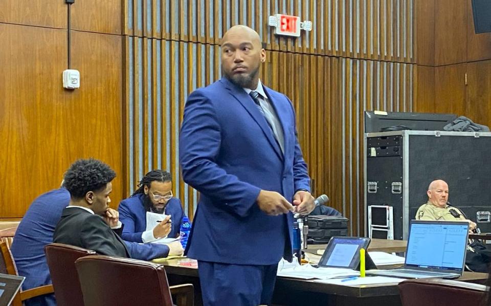 Shawn Hoover, defense attorney for Jahiem Davis, stands to address the court during an alleged “Insane Crips” murder trial in Muscogee Superior Court.