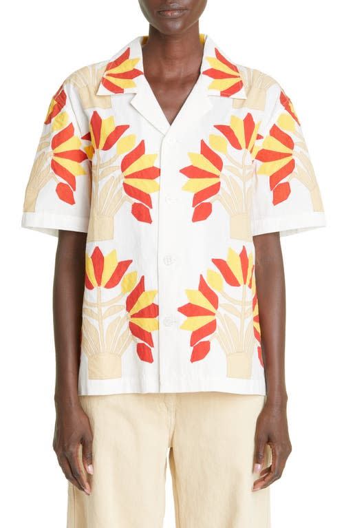 Bode Foliage Appliqué Short Sleeve Button-Up Shirt in White Multi at Nordstrom, Size Small