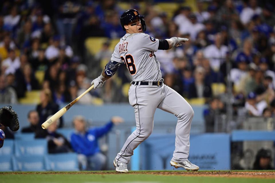 Detroit Tigers shortstop Javier Baez (28) hits an RBI double against the Los Angeles Dodgers during the seventh inning on Saturday, April 30, 2022, at Dodger Stadium in Los Angeles.