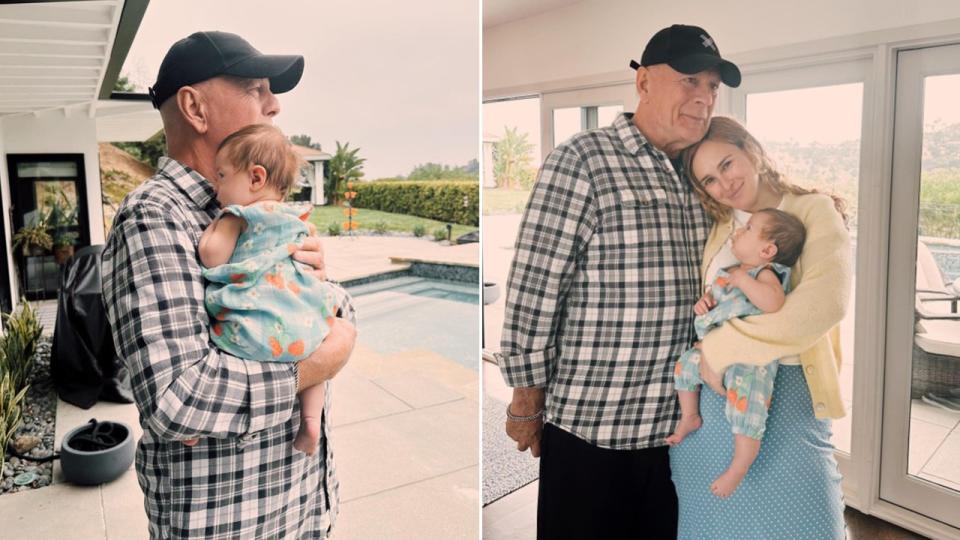 Split of Bruce Willis holding granddaughter and Bruce Willis with Rumer Willis and her daughter