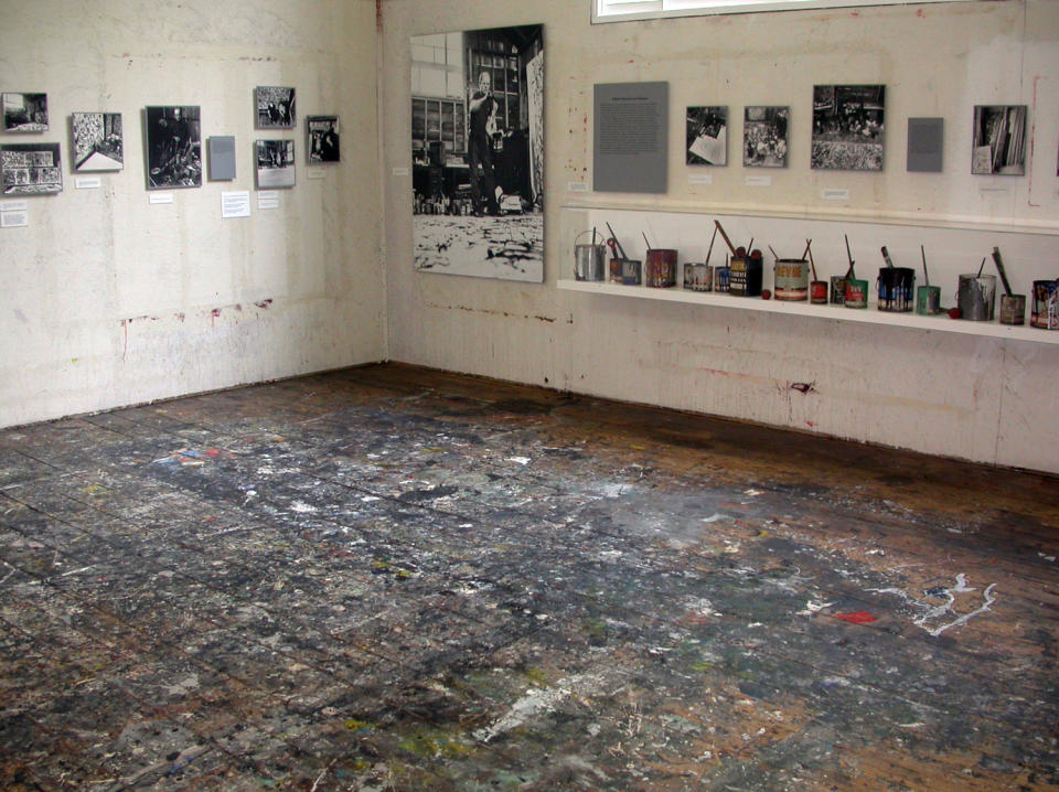 In this April 29, 2010 photo provided by the Pollock-Krasner House and Study Center, the interior of Jackson Pollock’s studio is shown in East Hampton, N.Y.  Pollock, who would have turned 100 in 2012, will have the anniversary of his birth observed with exhibitions, fundraisers and other events throughout the year.  (AP Photo/Pollock-Krasner House and Study Center, Helen Harrison)