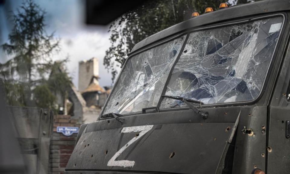 A destroyed convoy belonging to Russian forces who withdrew from the Donetsk city of Lyman.