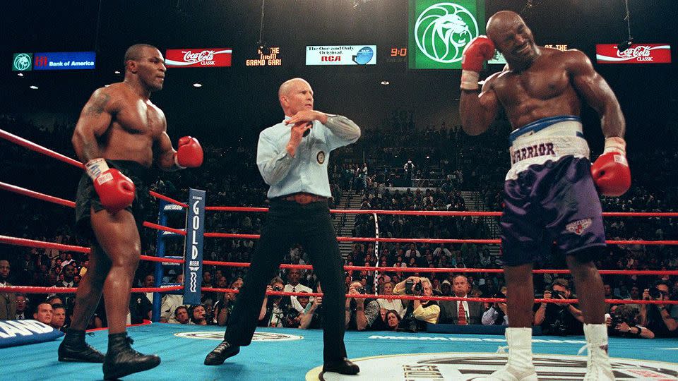 Tyson bit Holyfield's ear in their 1997 title rematch. Pic: Getty