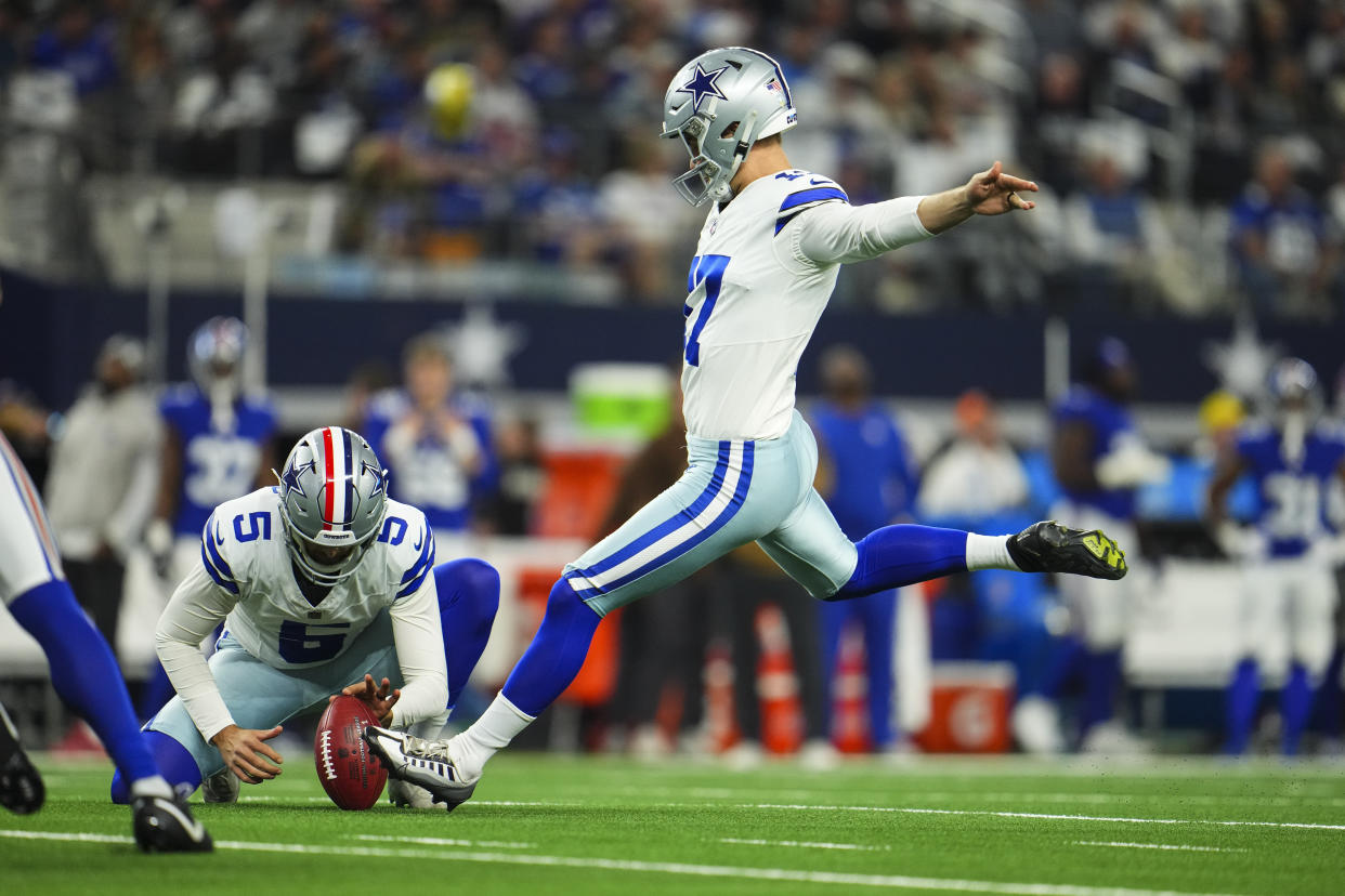 Brandon Aubrey is a perfect 31-for-31 on his field goal attempts this season, including 8-for-8 from beyond 50 yards. (Photo by Cooper Neill/Getty Images)