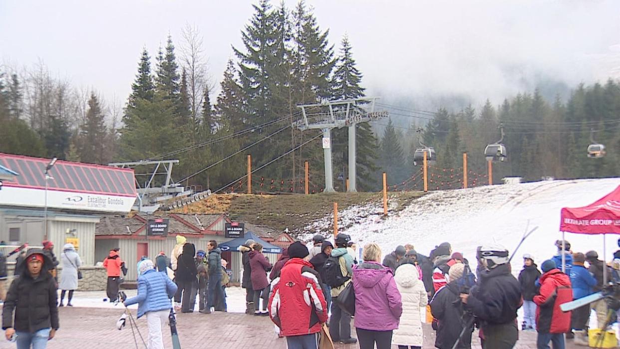A lack of snow is making for challenging conditions on some B.C. ski hills, including Whistler Blackcomb, pictured here on Dec. 28, 2023.  (Jon Hernandez/CBC - image credit)