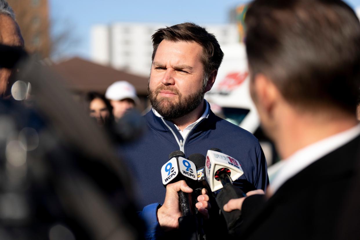 U.S. Senate candidate J.D. Vance speaks to members of the media after voting in the 2022 midterm election in Cincinnati on Nov. 8, 2022.