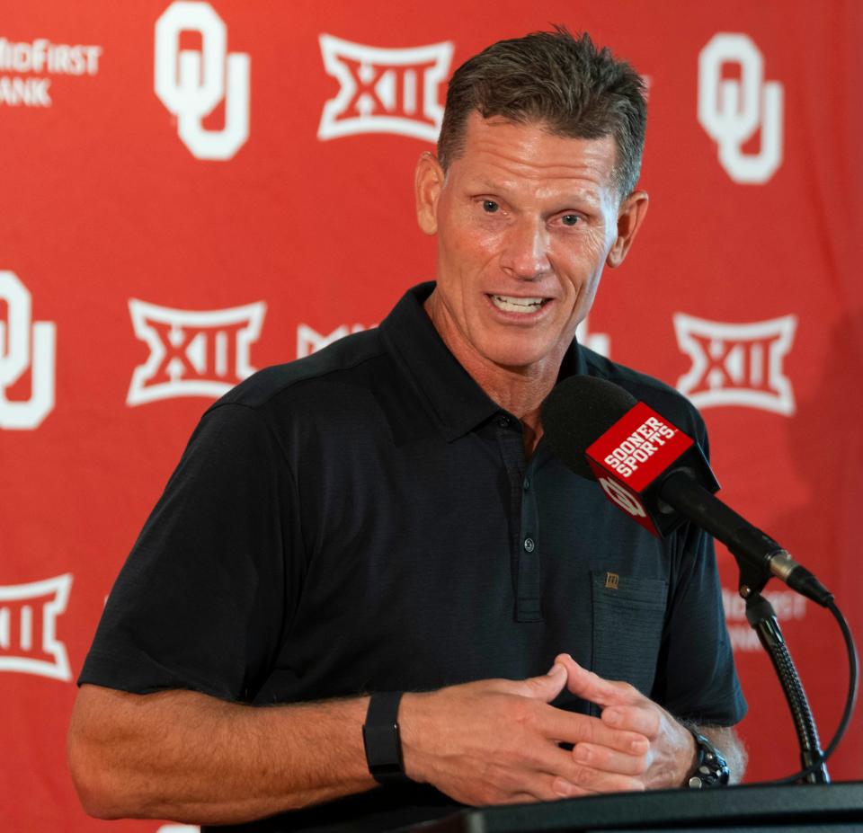 OU football coach Brent Venables speaks during the Sooners' media day Tuesday at Gaylord Family-Oklahoma Memorial Stadium in Norman.