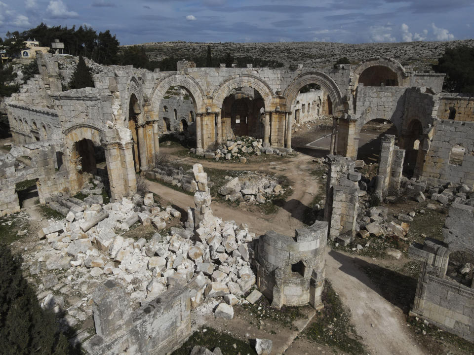 A general view of the Church of Saint Simeon, 30 kilometers (19 miles) northwest of Aleppo, Syra, is seen Wednesday, March 8, 2023. The Byzantine-era church suffered destruction during the war and was further damaged in the February 2023 earthquake, which hit Turkey and Syria. (AP Photo/Omar Albam)