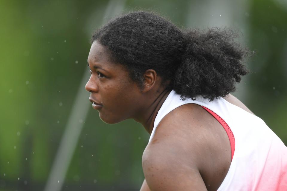 Ravenwood’s Reghan Grimes competes in the girls shot put during a Class AAA state track and field championship in Murfreesboro during TSSAA’s Spring Fling, Thursday, May 26, 2022.