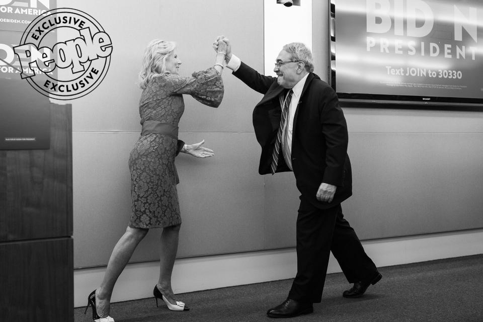 Mrs. Biden gives a high five to North Carolina Rep. G. K. Butterfield at the Congressional Black Caucus & Congressional Hispanic Caucus Reception at IBEW Headquarters in Washington, D.C., on Sept. 11, 2019.