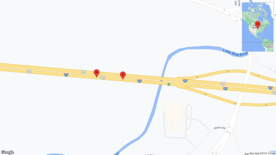 A detailed map that shows the affected road due to 'Broken down vehicle on eastbound I-470 in Kansas City' on November 24th at 6:17 p.m.