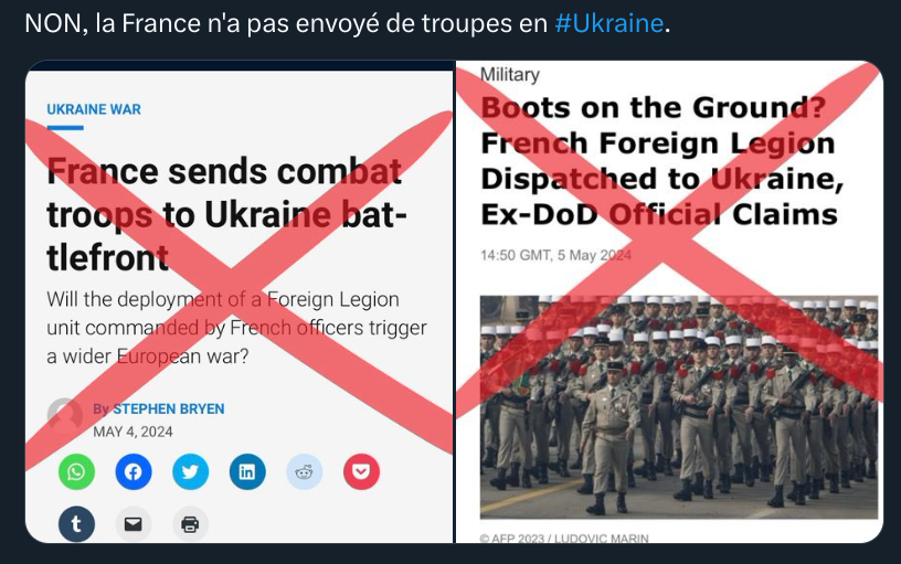 « Non, la France n’a pas envoyé de troupes en #Ukraine », insiste la diplomatie française sur son compte Twitter.