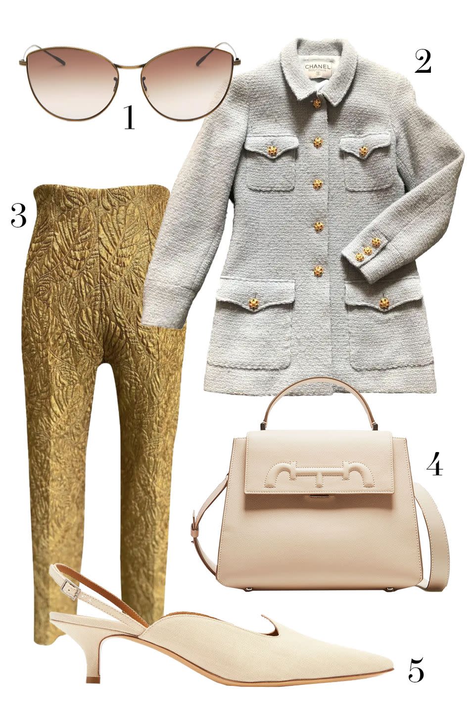 <p>If you are lucky you will score a stand out piece while scouring vintage sites and stores—like these Dior pants. Surprisingly finding that treasured wardrobe staple—like this Chanel jacket—can be even harder. If you manage to track down both, go with neutral accessories to truly show off your shopping prowess. </p><ol><li><a href="https://go.skimresources.com?id=74968X1525087&xs=1&url=https%3A%2F%2Fwww.saksfifthavenue.com%2Foliver-peoples-rayette-60mm-cat-eye-sunglasses%2Fproduct%2F0400097144495%3FFOLDER%253C%253Efolder_id%3D2534374306418154%26R%3D827934414365%26P_name%3DOliver%2BPeoples%26N%3D306418154%2B4294929615%2B4294929612%2B4294929608%2B4294929613%26bmUID%3DnddSB7M" rel="noopener" target="_blank" data-ylk="slk:Oliver Peoples;elm:context_link;itc:0;sec:content-canvas" class="link ">Oliver Peoples</a> 2. <a href="https://go.skimresources.com?id=74968X1525087&xs=1&url=https%3A%2F%2Fus.vestiairecollective.com%2Fwomen-clothing%2Fjackets%2Fchanel%2Fblue-wool-chanel-jacket-10831892.shtml" rel="noopener" target="_blank" data-ylk="slk:Chanel via Vestaire Collective;elm:context_link;itc:0;sec:content-canvas" class="link ">Chanel via Vestaire Collective </a>3. <a href="https://us.vestiairecollective.com/women-clothing/trousers/dior/" rel="nofollow noopener" target="_blank" data-ylk="slk:Christian Dior via Vestair Collective;elm:context_link;itc:0;sec:content-canvas" class="link ">Christian Dior via Vestair Collective</a> 4. <a href="https://go.skimresources.com?id=74968X1525087&xs=1&url=https%3A%2F%2Fchcarolinaherrera.com%2Fgb%2Fen%2Fwomen%2Fbags%2Fhandbags%2Fitem%2Fdoma-insignia-satchel-medium-shoulder-bag-magnolia" rel="noopener" target="_blank" data-ylk="slk:CH Carolina Herrera;elm:context_link;itc:0;sec:content-canvas" class="link ">CH Carolina Herrera</a> 5. <a href="https://go.skimresources.com?id=74968X1525087&xs=1&url=https%3A%2F%2Fwww.matchesfashion.com%2Fus%2Fproducts%2FLe-Monde-Beryl-Point-toe-linen-slingback-pumps-1350228" rel="noopener" target="_blank" data-ylk="slk:Le Monde Beryl;elm:context_link;itc:0;sec:content-canvas" class="link ">Le Monde Beryl</a></li></ol>