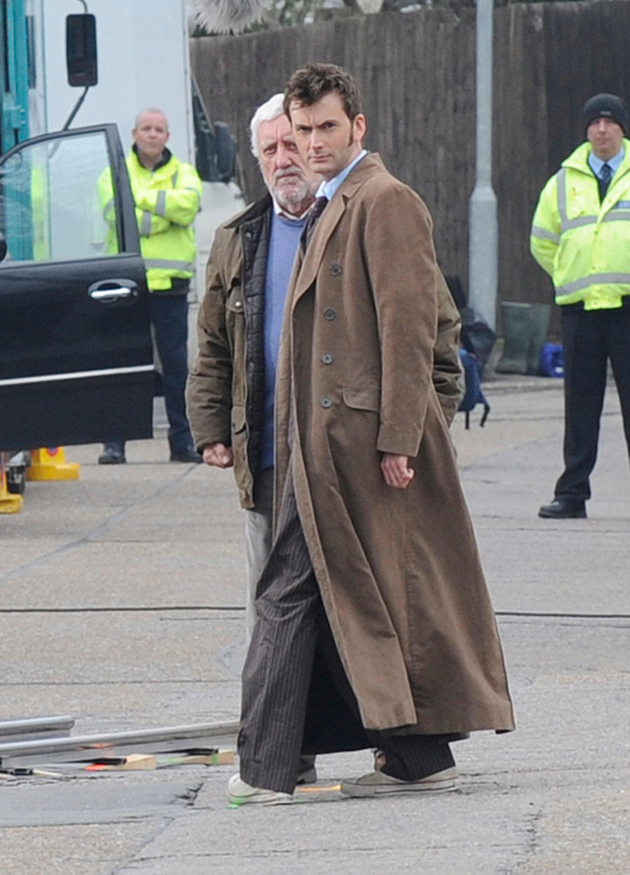 David Tennant and Bernard Cribbins filming on the set of the BBC's 'Doctor Who' Cardiff, Wales - 06.04.09