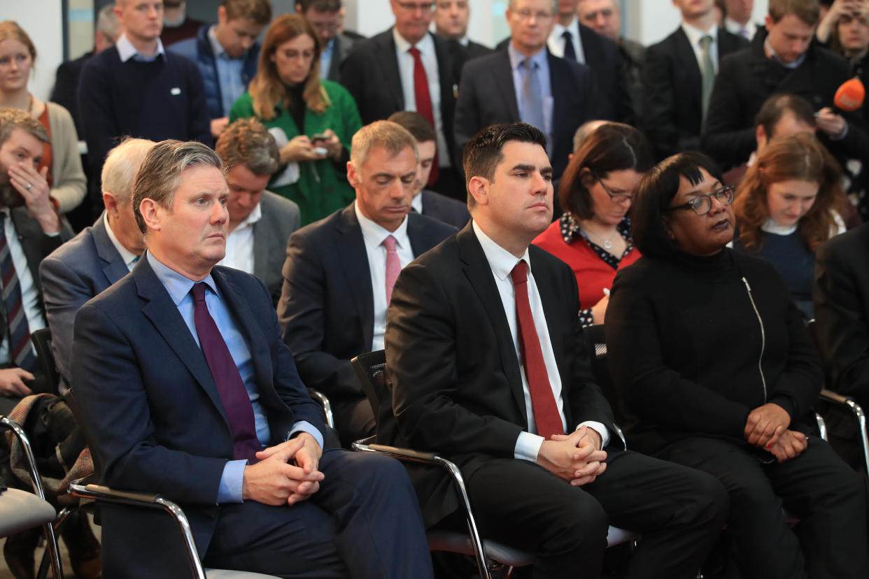 (left to right) Keir Starmer, Richard Burgon and Dianne Abbott listen as Labour leader Jeremy Corbyn makes a speech about Brexit during a visit to OE Electrics in Wakefield. (Photo by Danny Lawson/PA Images via Getty Images)