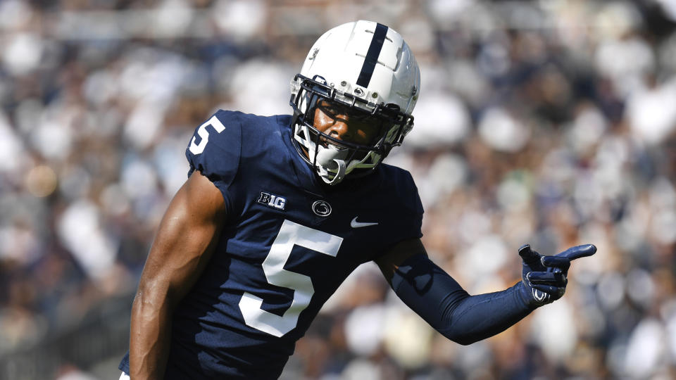 Penn State wide receiver Jahan Dotson is often pointing toward the end zone with his big-play ability. (AP Photo/Barry Reeger)