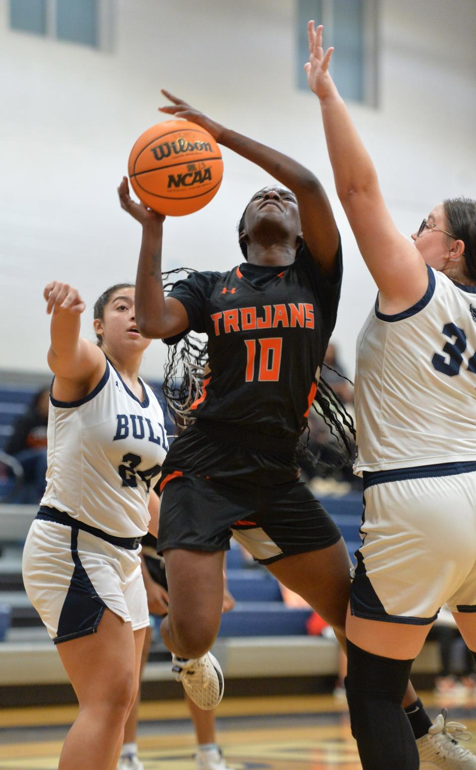 Lely's Lashawnda Dareus (#10) drives hard to the basket. Parrish Community High School hosted Lely High School in the Class 5A Region 3 girls basketball playoff Monday night, Feb. 19, 2024