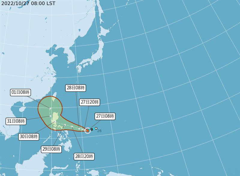 氣象局表示，輕度颱風奈格27日8時的中心位置在北緯12.0度，東經132.0度，以每小時10公里速度，向西北西進行。（圖／翻攝自氣象局）